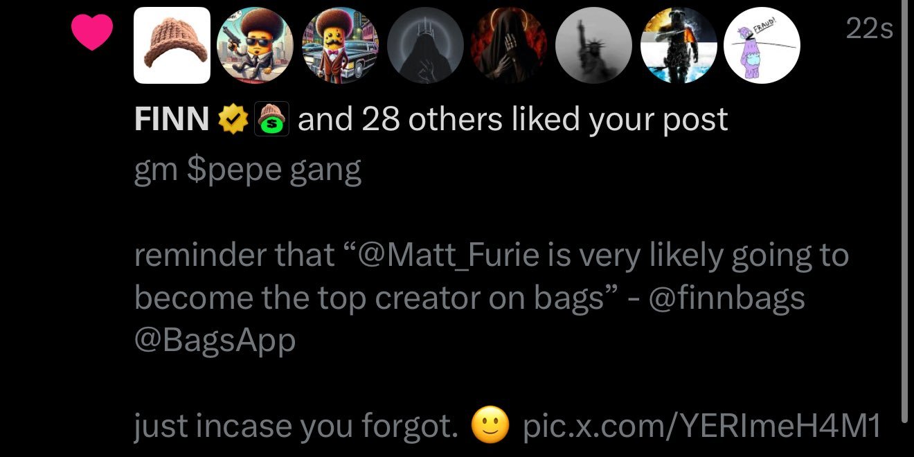 Finn liked a post about Matt Furie becoming the top creator on Bags